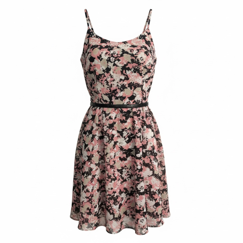 Liz Claiborne Pink Black Floral Print Sleeveless Dress with Belt Size 16